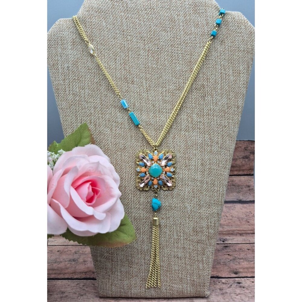 Gold Tone Multi Chain Long Pendant Necklace Tassel Accent Rhinestones 32"